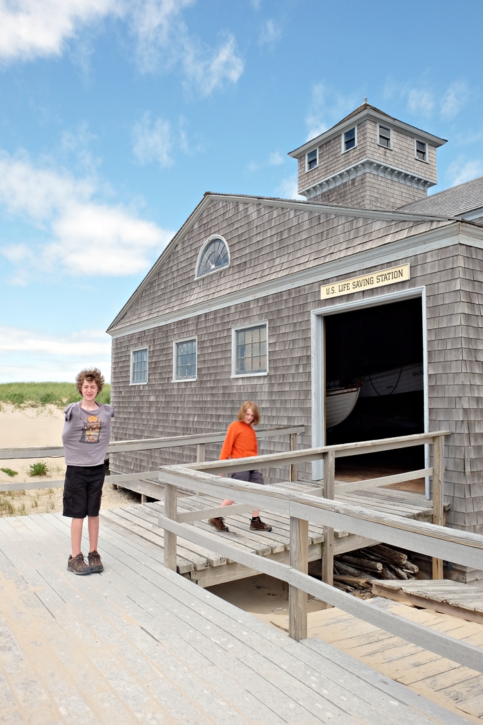 Milo shivering: Old Harbor Light Saving Station, Provincetown, MA