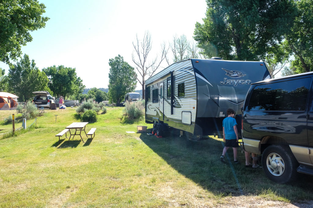 our campsite with a view of devils tower at the devils tower koa