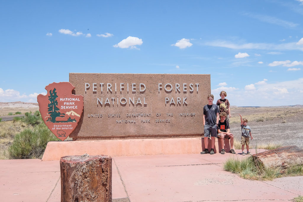 Petrified Forest National Park sign with kids